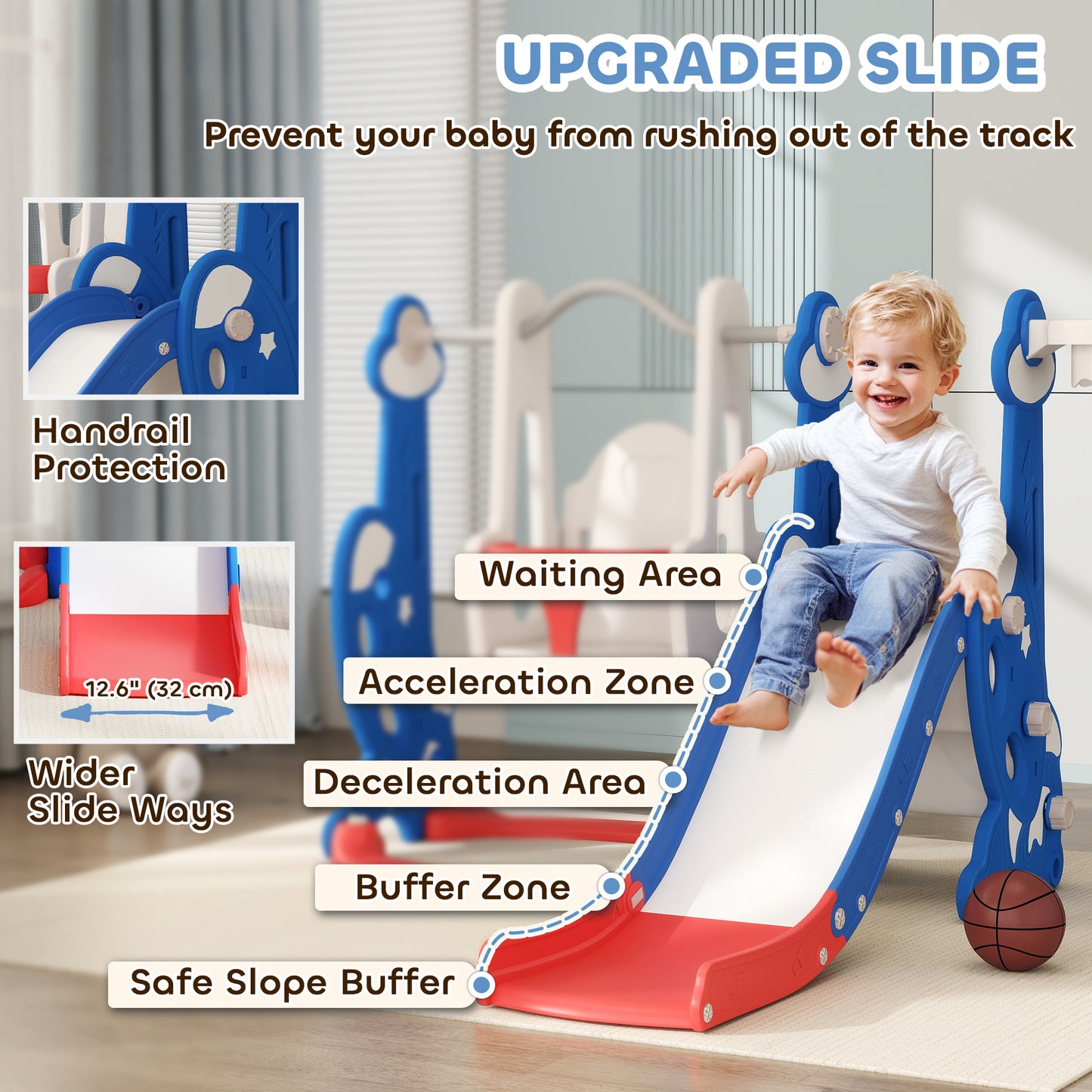 4-in-1 Slide and Swing Set with Basketball Hoop and Climber, for Boys and Girls Ages 1.5-4, Rocket Theme, Dark Blue