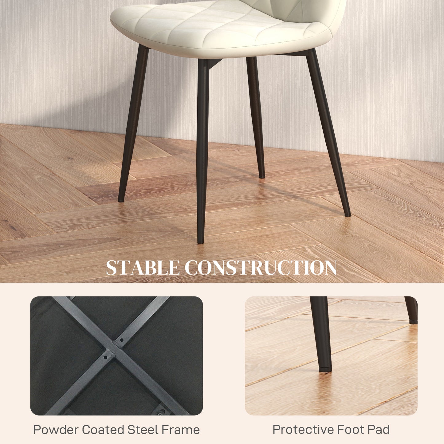Lot de 4 chaises de salle à manger rembourrées avec pieds en acier, couleur crème