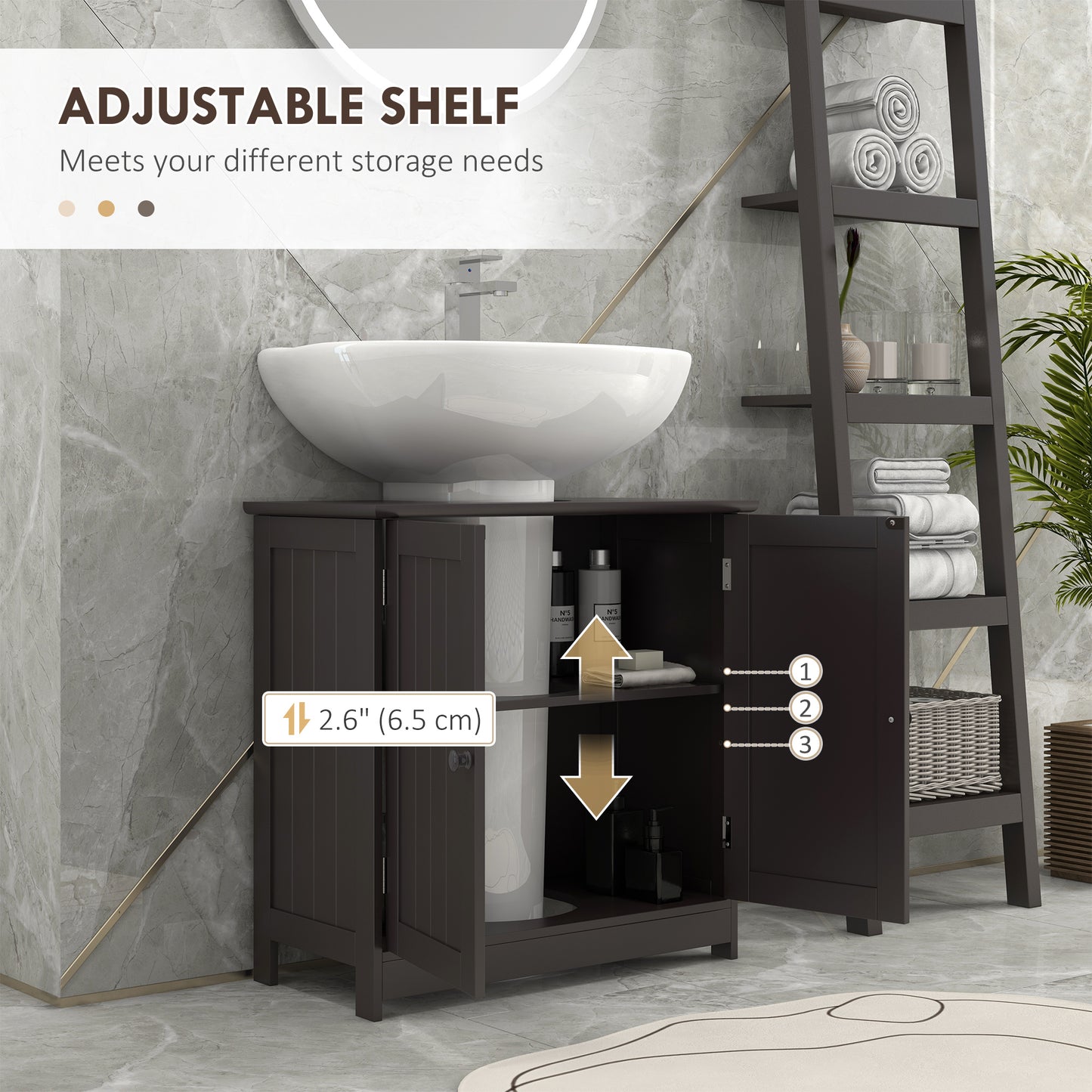 Meuble sous lavabo avec 2 portes et étagère, couleur café