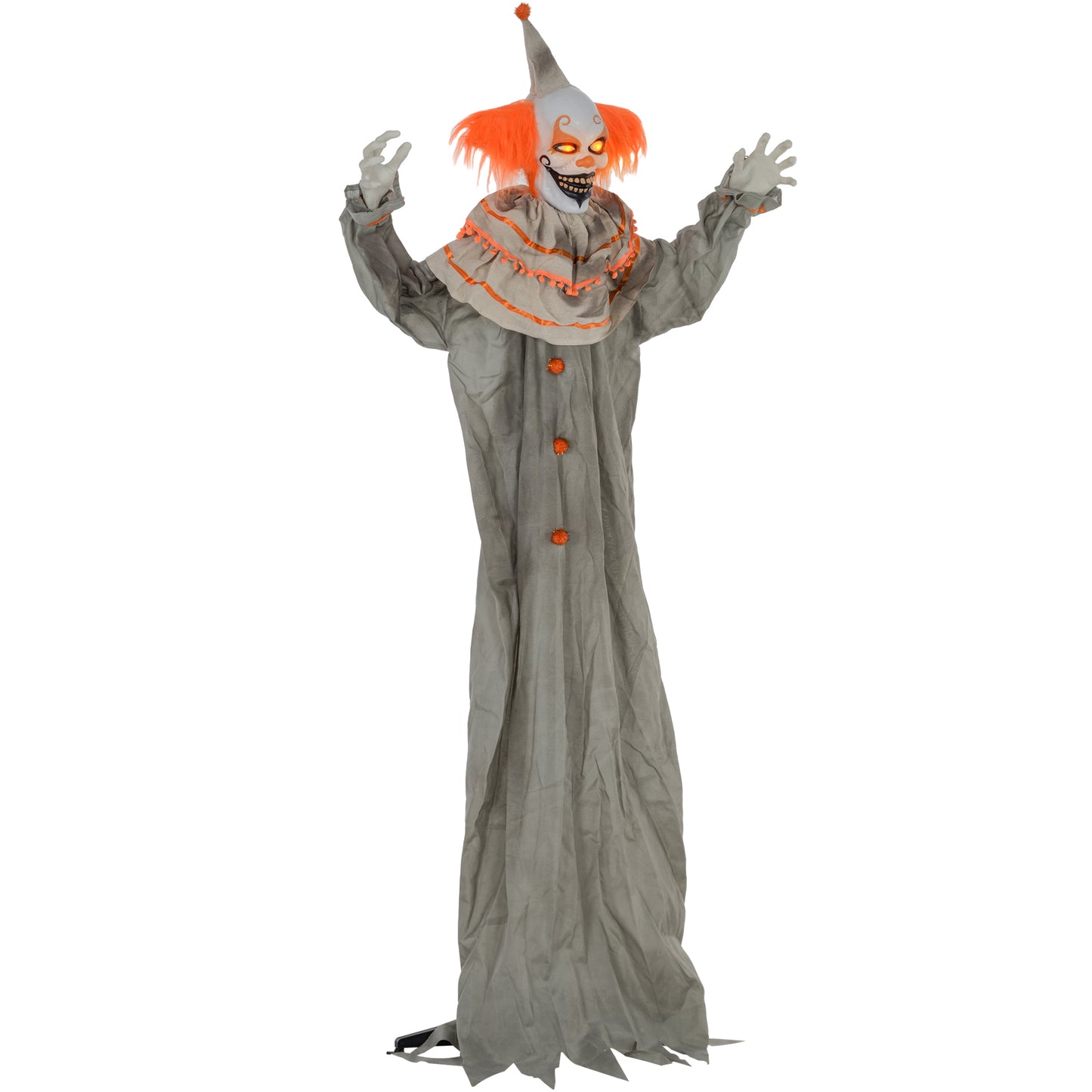 Clown classique orange grandeur nature 1,80 m, décoration d'Halloween d'extérieur, animatronique, activé par le son et le mouvement, avec yeux lumineux