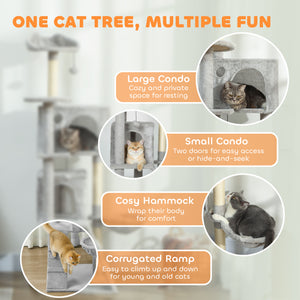 Arbre à chat de 160 cm avec griffoirs, cabanes, perchoirs, hamac, échelle, gris clair