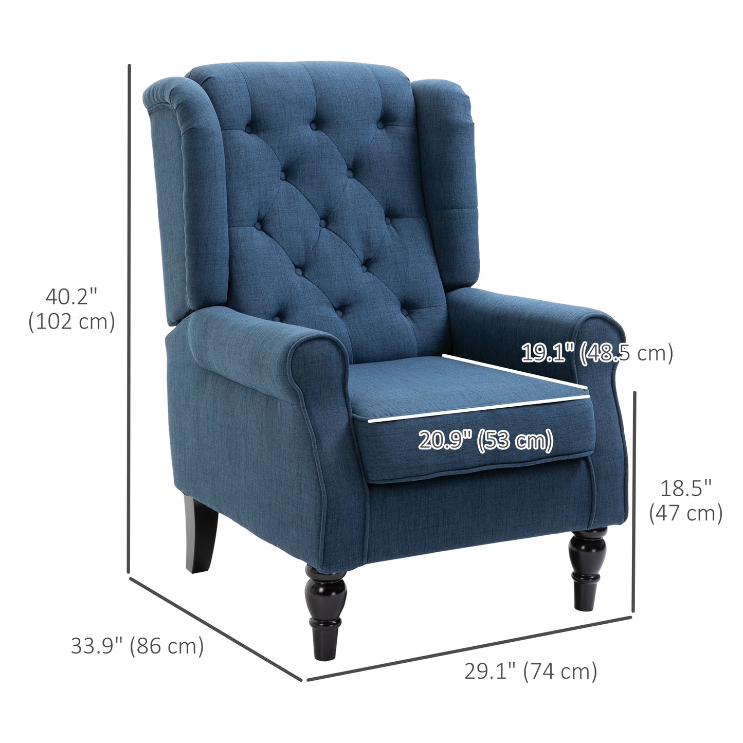 Upholstered accent chair with wooden legs, rounded armrests, thick padding, blue