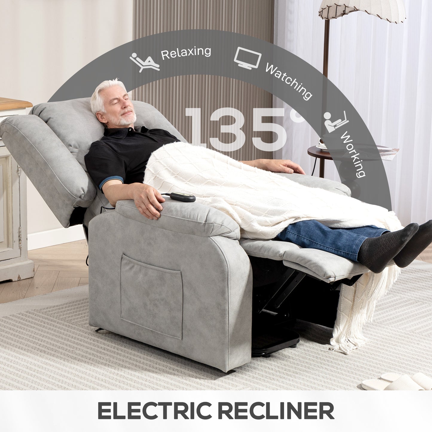Fauteuil releveur pour seniors, fauteuil inclinable électrique en microfibre avec télécommande, gris clair