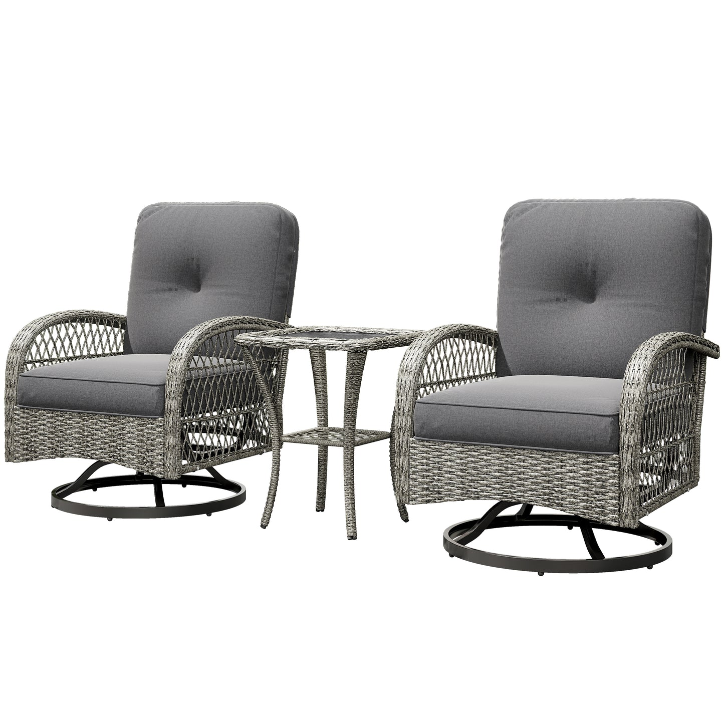 Ensemble de jardin 3 pièces en osier avec 2 fauteuils pivotants à bascule et une table basse en verre à deux niveaux, gris