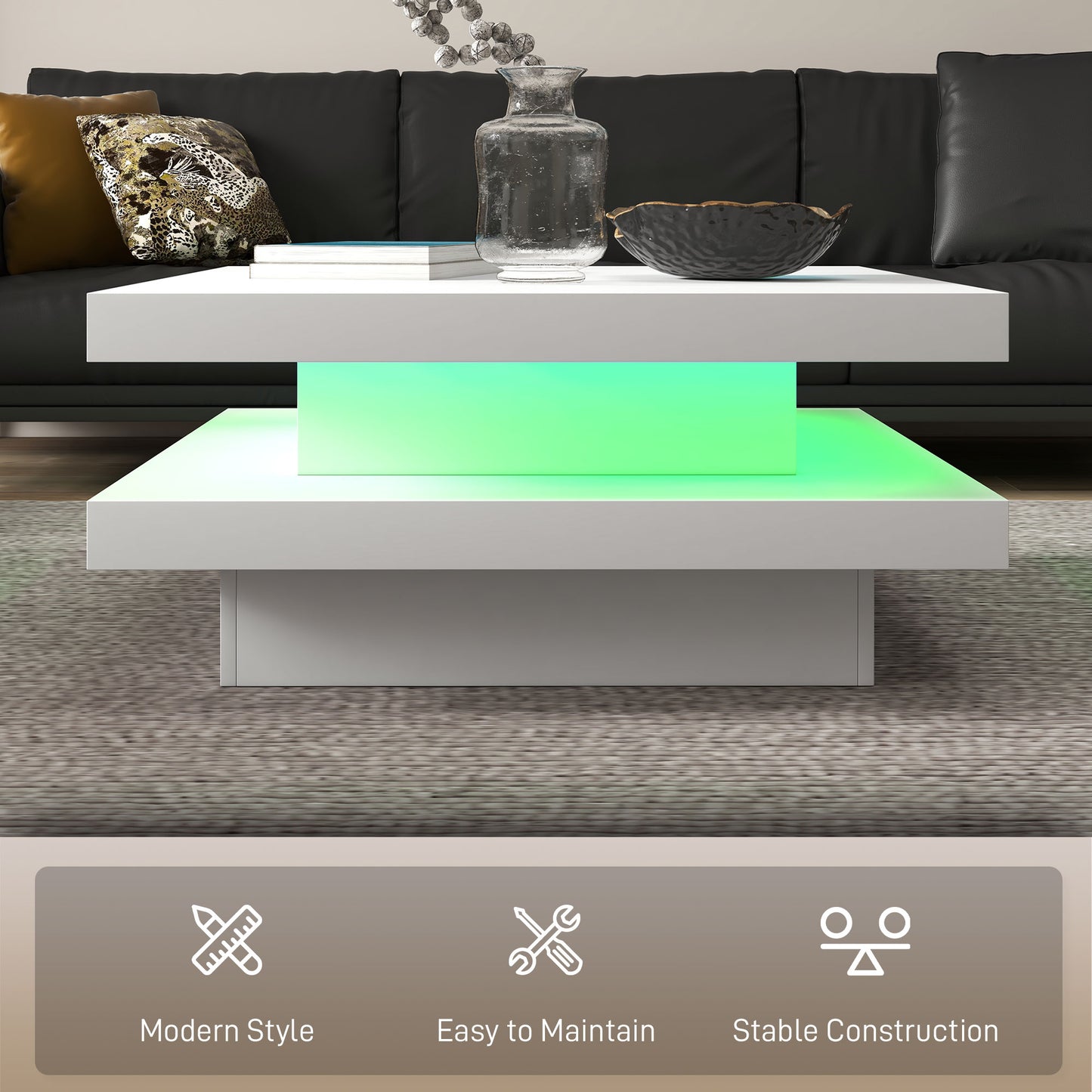 Table basse carrée avec 7 lumières LED et télécommande, blanche