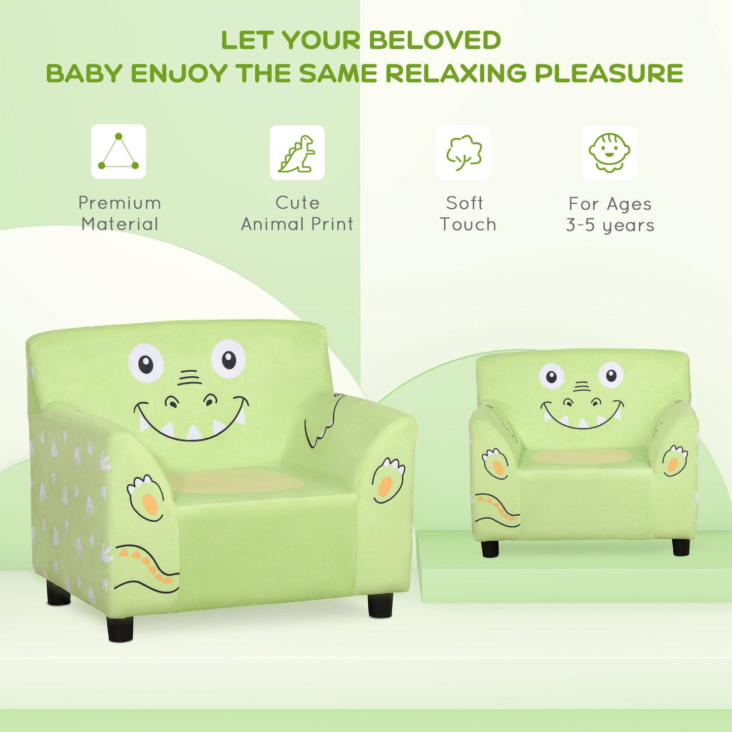Fauteuil avec accoudoirs pour enfant avec imprimé animal mignon, velours ultra doux, bois d'eucalyptus, vert