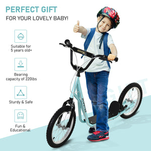 Trottinette avec roues gonflables de 16 pouces et doubles freins, bleu pâle