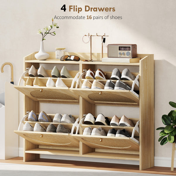 Meuble à chaussures 4 tiroirs rabattables avec portes en rotin et étagères réglables, capacité de 16 paires, couleur naturelle