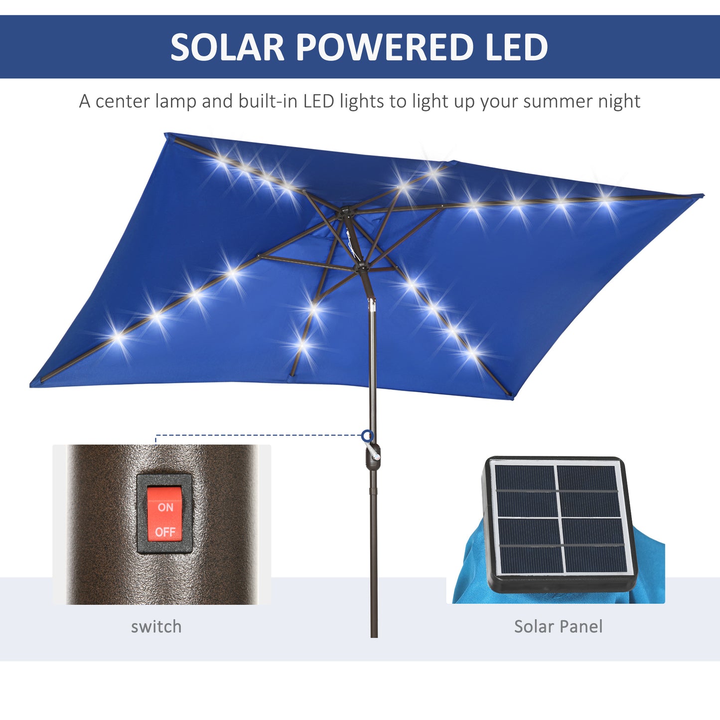 Parasol de terrasse rectangulaire 2 x 3 m, inclinable et solaire, en aluminium, avec manivelle et LED (bleu foncé)