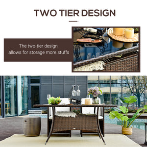 Rattan dining table with glass top and storage shelf, brown