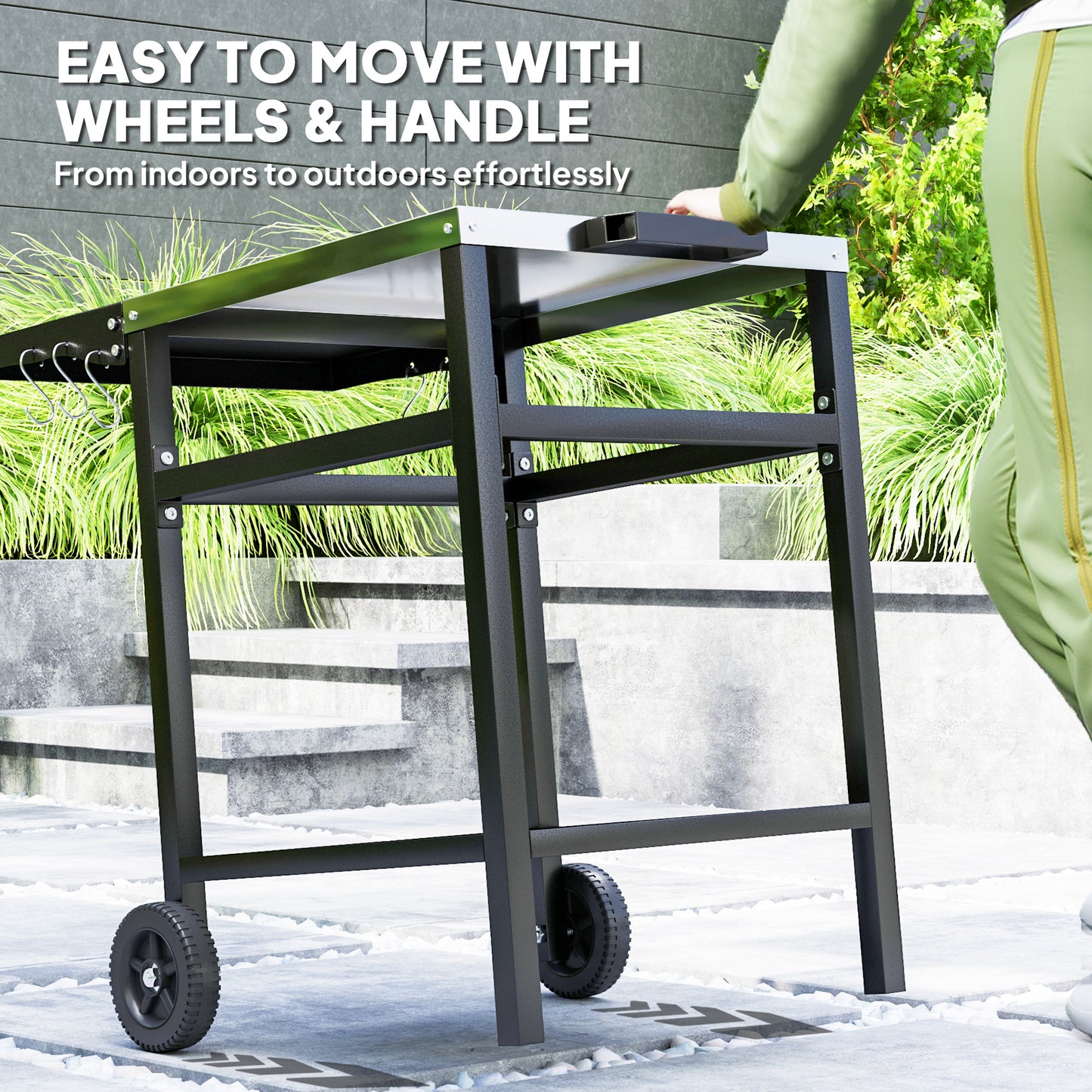 Outsunny Outdoor Kitchen Prep Station with Stainless Steel Top and Foldable Side Table, Pizza Oven Table Outdoor Prep Table with Hooks Shelf, Movable BBQ Table with Cover, Black |
