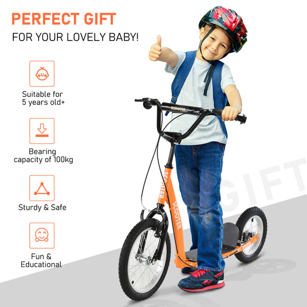 Trottinette avec guidon réglable, double frein, roues gonflables, orange