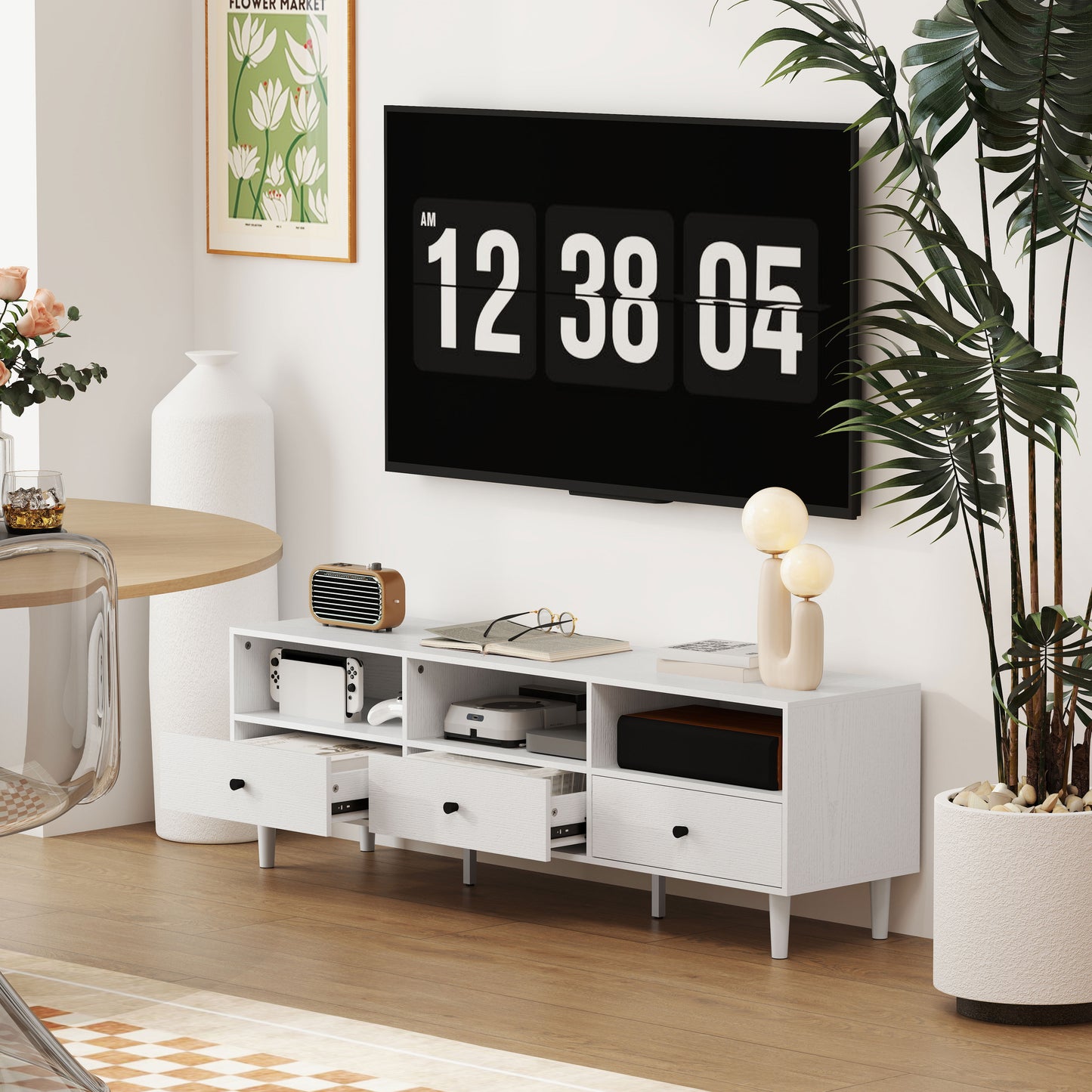Meuble TV jusqu'à 75 pouces avec 3 étagères de rangement et 3 tiroirs, blanc