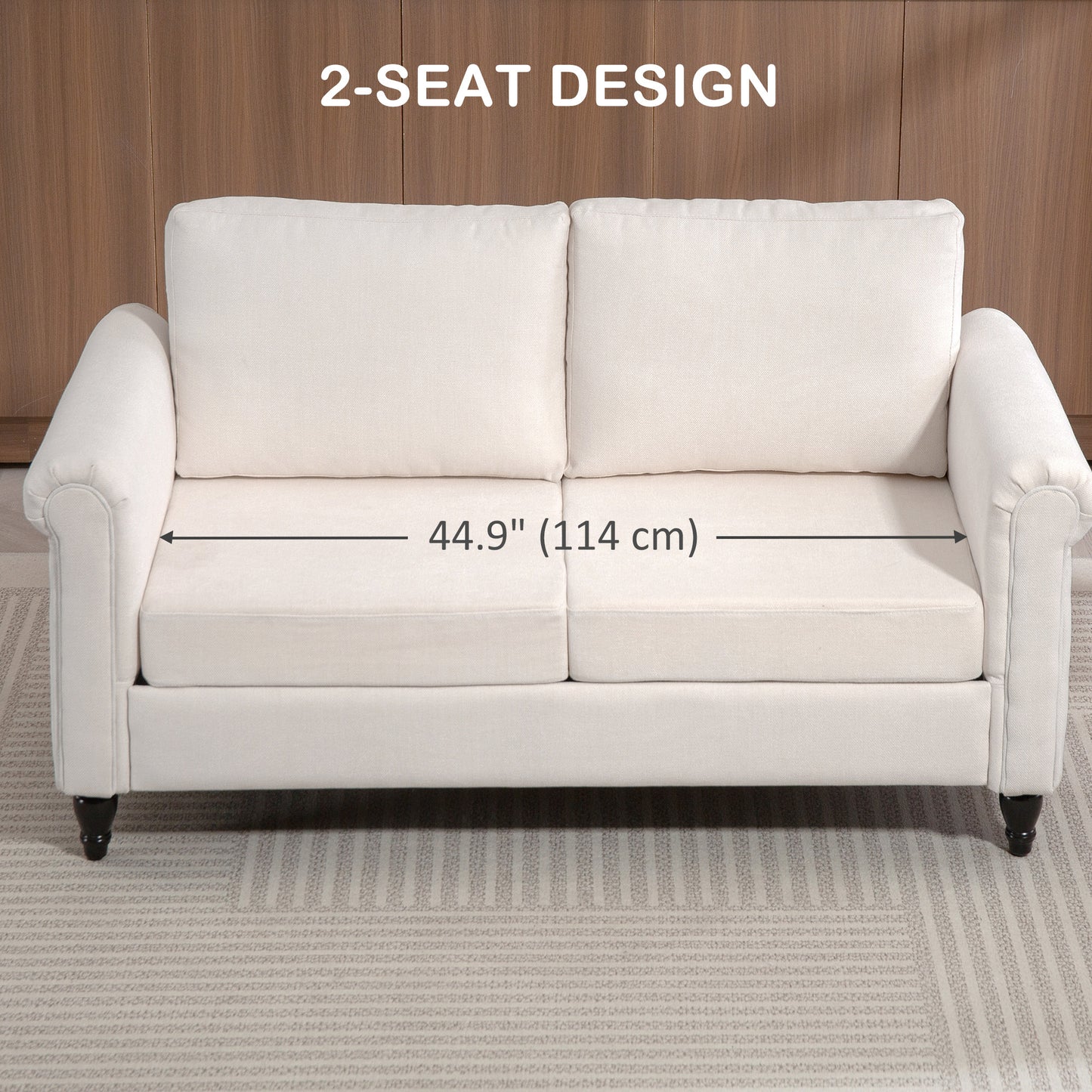 Vintage 2-seater upholstered sofa, chenille fabric, rolled armrests, rubberwood legs, cream white