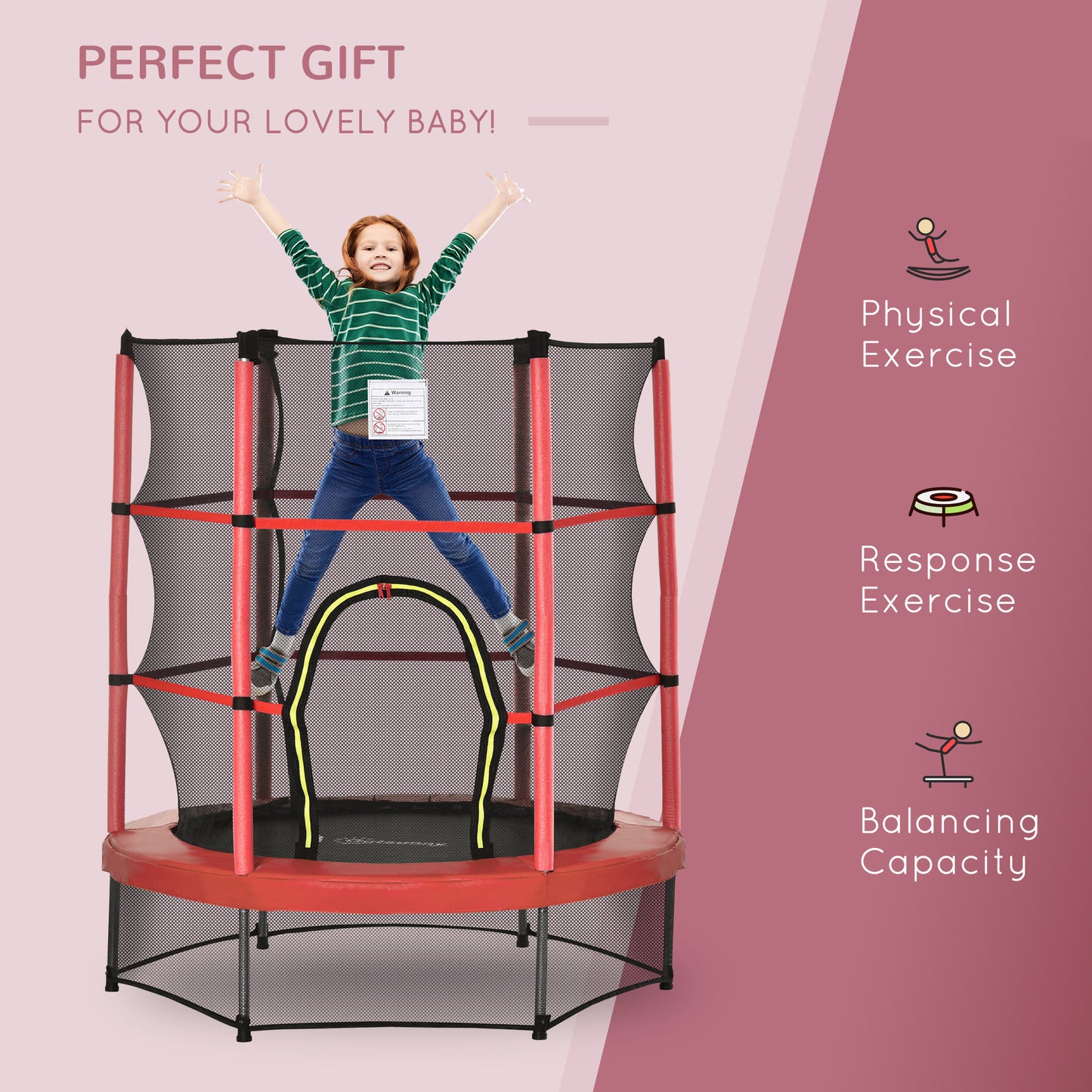 Outsunny 55" Kids Trampoline with Enclosure Net for Indoor/Outdoor, for Boys and Girls Ages 3-6, Red