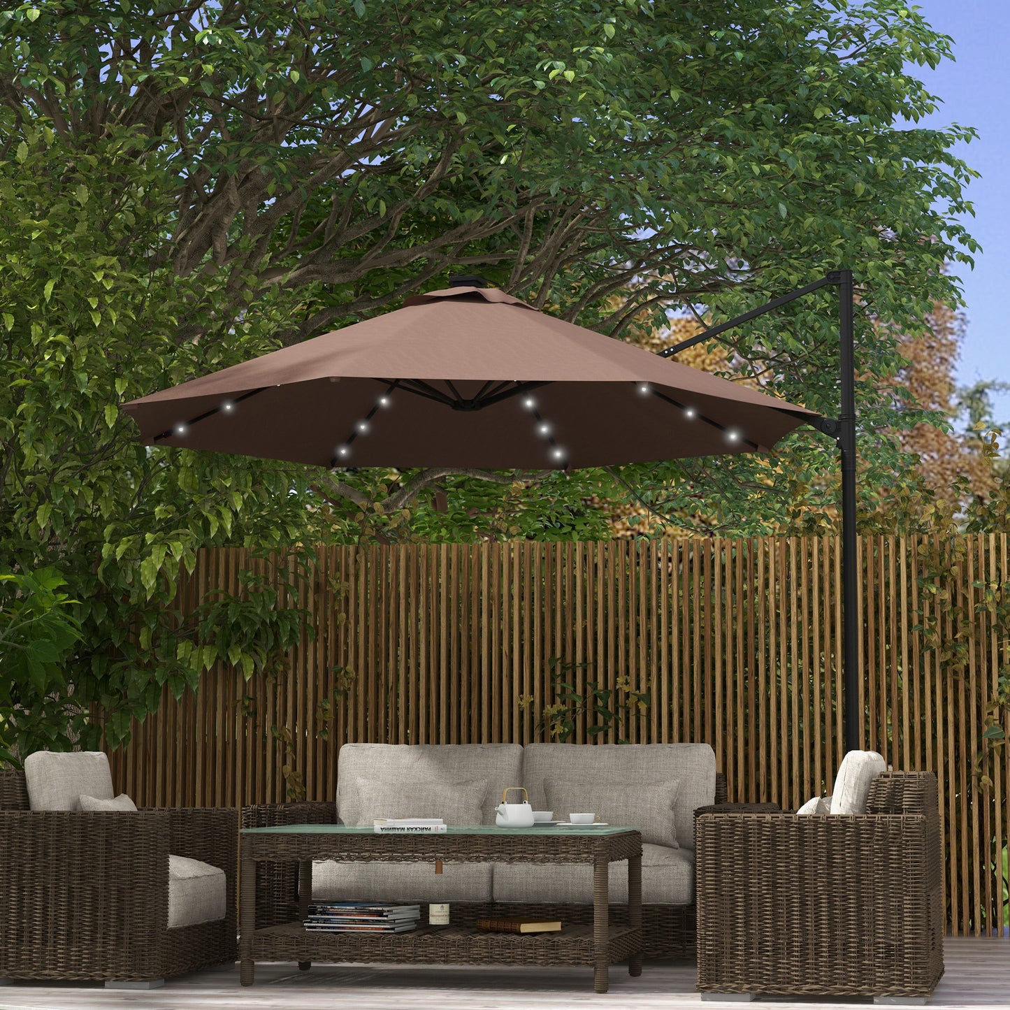 Parasol déporté 9,5'x8,5' avec lumières LED à énergie solaire,