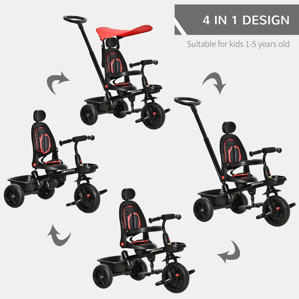 Tricycle pour enfants 4 en 1 avec siège réglable à angle réversible, rouge