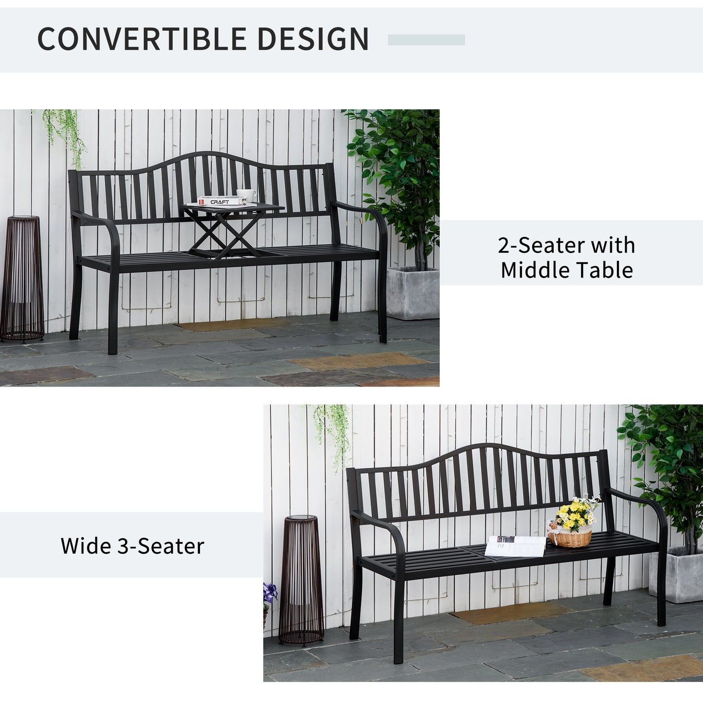 Banc d'extérieur en métal avec table centrale relevable pour 2 à 3 personnes, noir