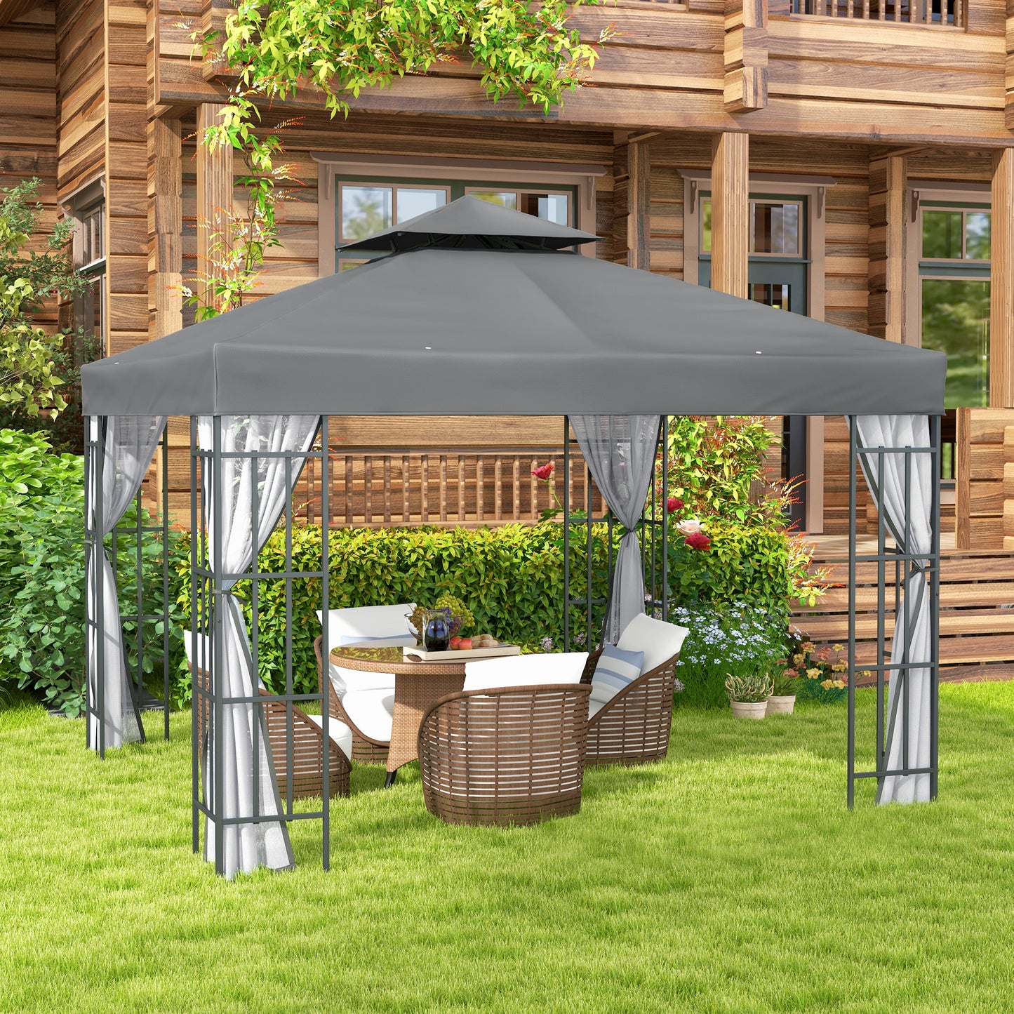 Outsunny 10'x10' Tonnelle de jardin portable avec moustiquaire Gris