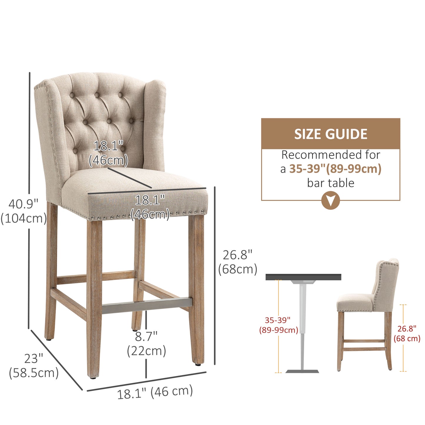 Lot de 2 tabourets de bar, rembourrés avec dossier clouté et repose-pieds, beige