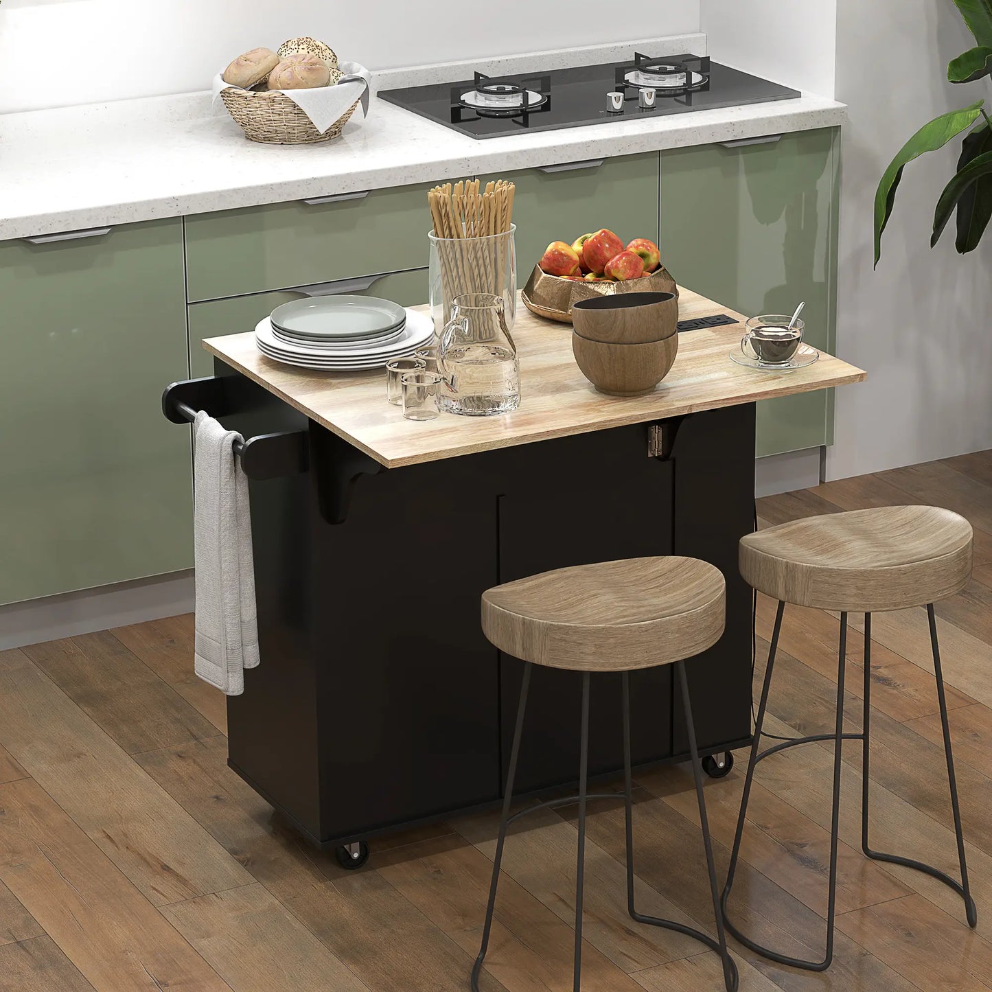 HOMCOM Kitchen Island with Power Outlet and Drop Leaf, Rolling Kitchen Cart with 2 Drawers and Adjustable Shelves, Black