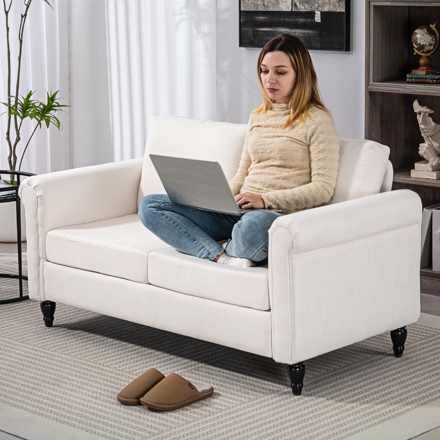 Vintage 2-seater upholstered sofa, chenille fabric, rolled armrests, rubberwood legs, cream white