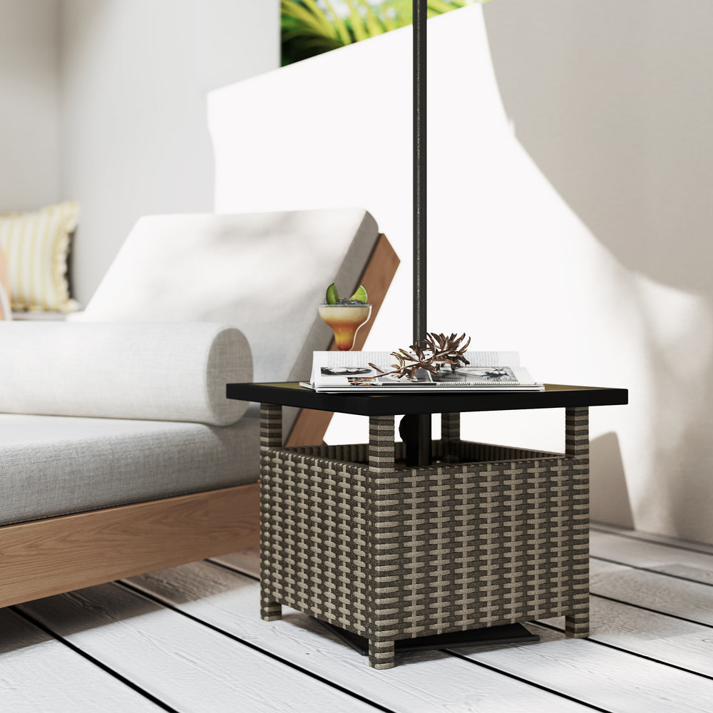 Table carrée en rotin synthétique avec trou pour parasol, utilisable comme porte-parapluie, gris mélangé