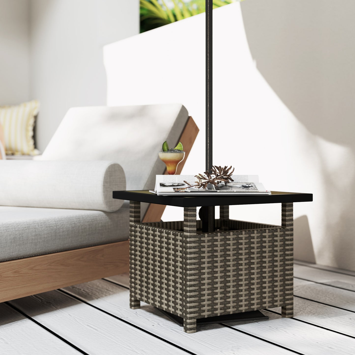 Outsunny 55cm Square Rattan Table with Umbrella Hole, Outdoor Patio Side Table, Can Be Used as an Umbrella Stand, Grey Mix