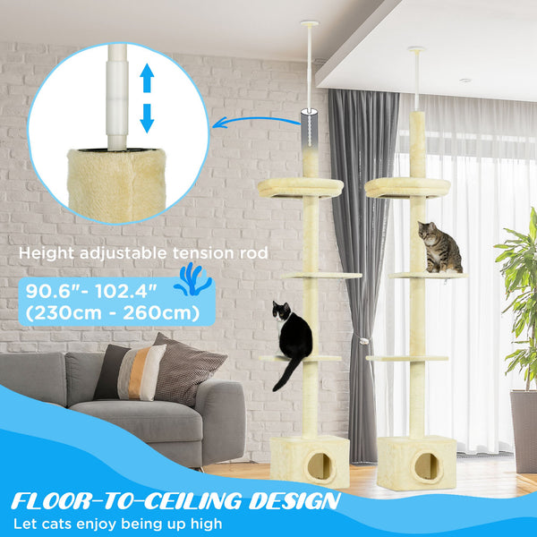 Arbre à chat du sol au plafond avec griffoir, maison et lit, beige