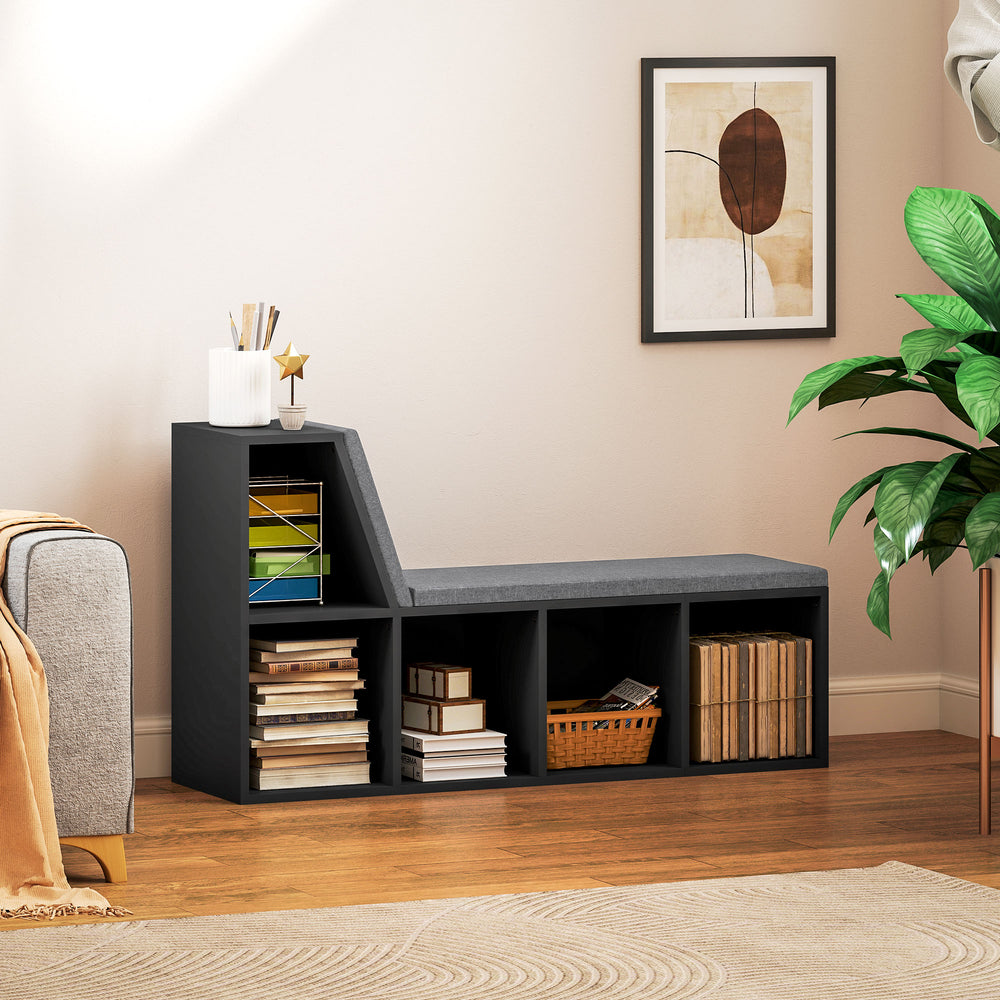 Bibliothèque avec 5 compartiments et coin lecture rembourré, noir vieilli