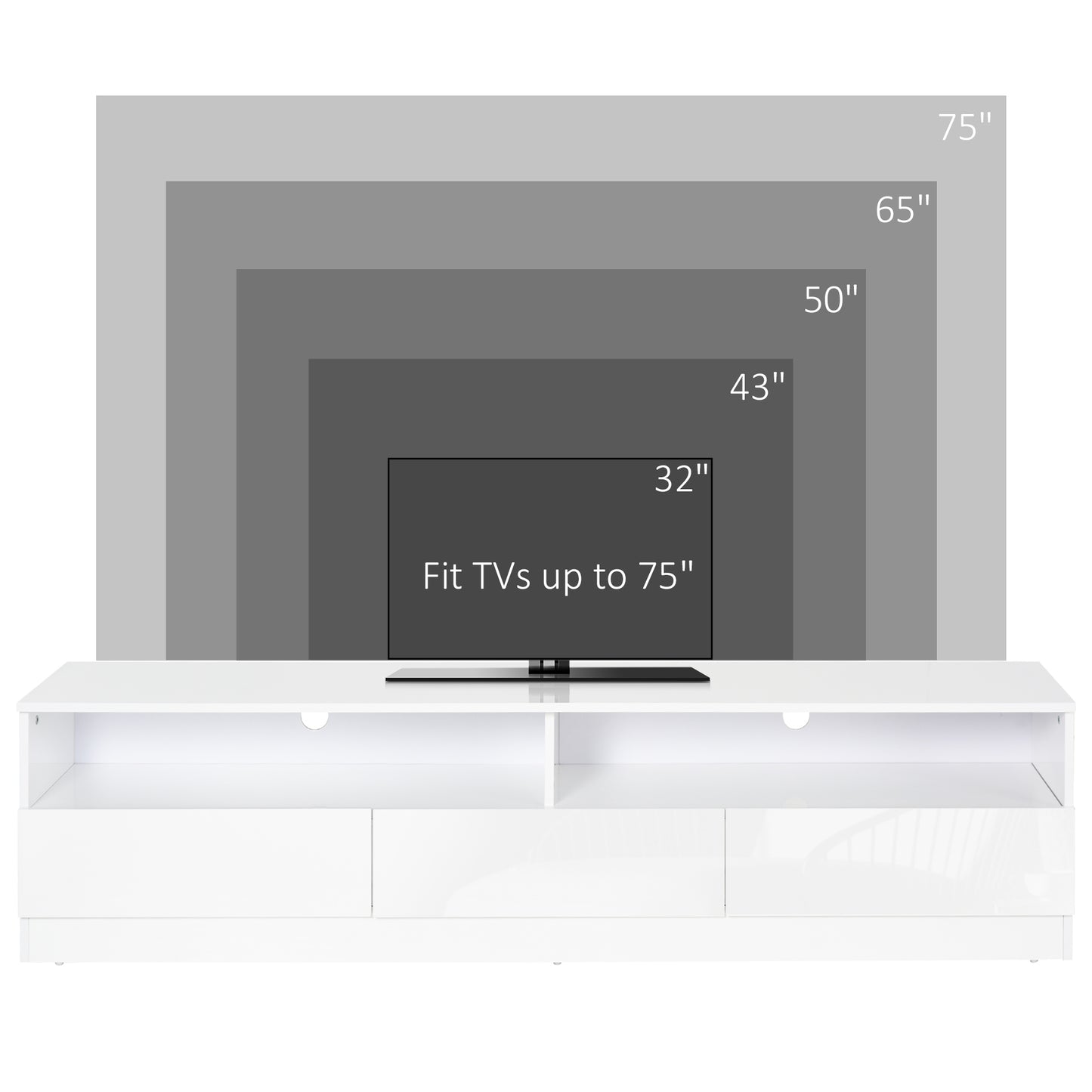 Meuble TV avec éclairage LED pour téléviseurs jusqu'à 75 pouces, blanc brillant