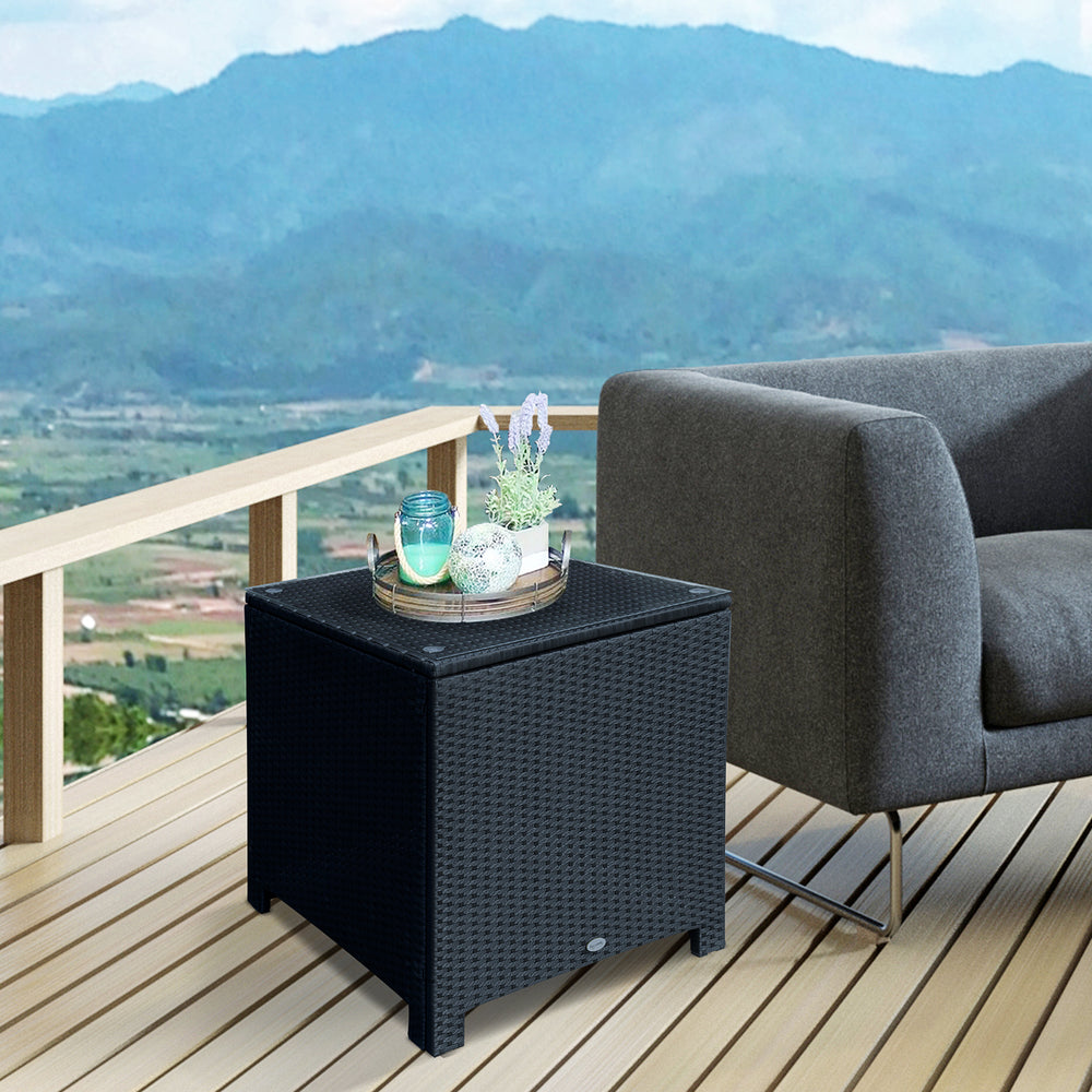Table basse en osier avec plateau en verre, mobilier de jardin pour terrasse, piscine, jardin, pelouse, noir