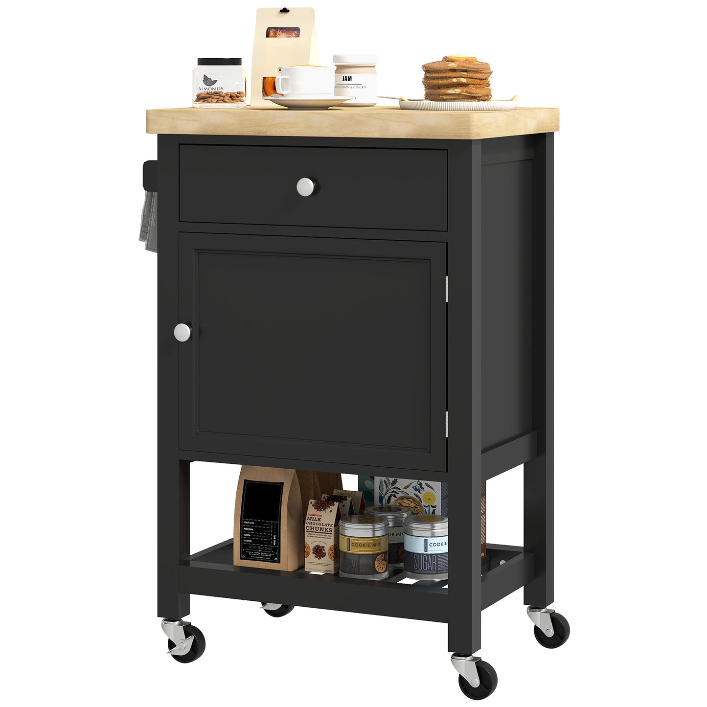 HOMCOM Kitchen Island on Wheels, Rolling Kitchen Cart with Wooden Top, Towel Rack, Drawer and Shelf for Dining Room, Black
