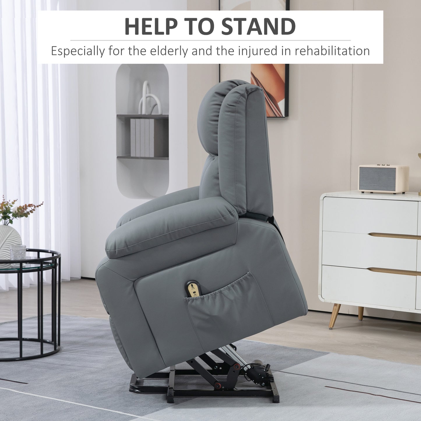 Fauteuil releveur électrique en cuir synthétique avec télécommande, poches latérales, montage rapide, gris