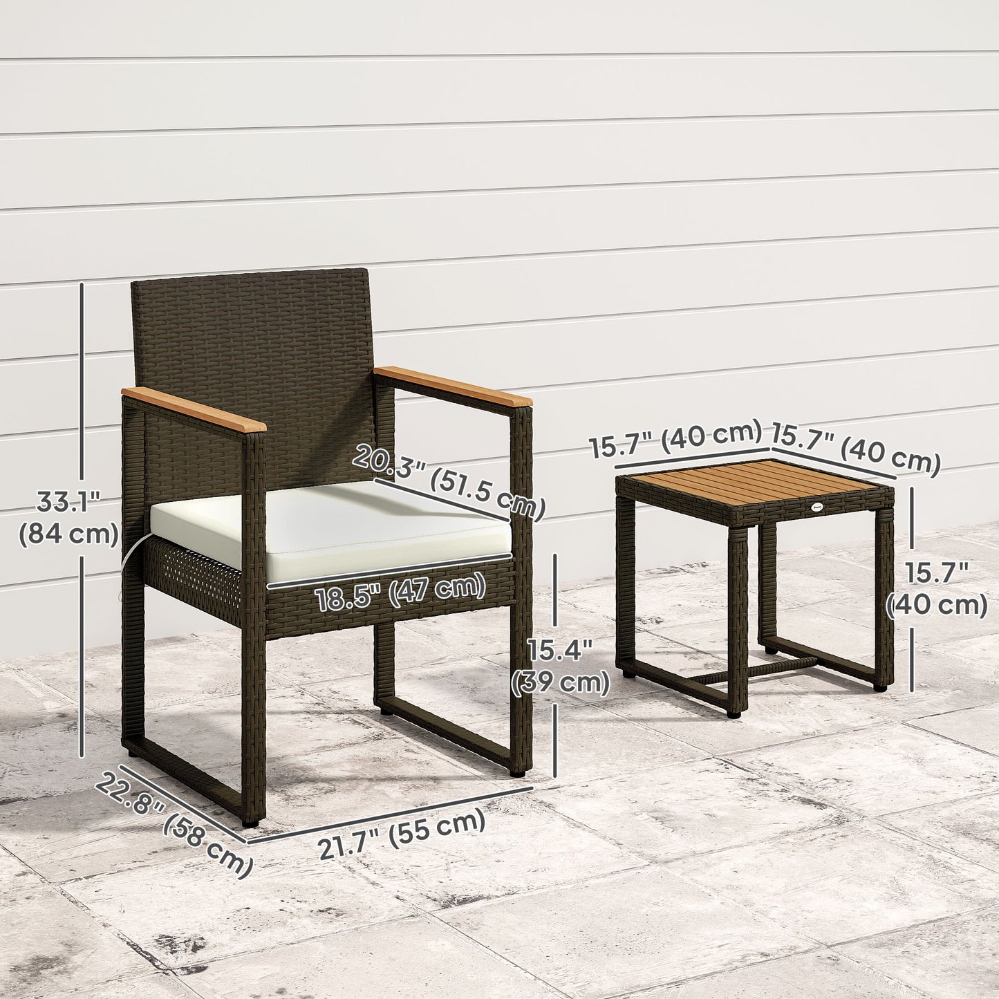 Ensemble de jardin 3 pièces Outsunny en osier, ensemble bistrot en rotin avec table en bois d'acacia et coussins amovibles, blanc