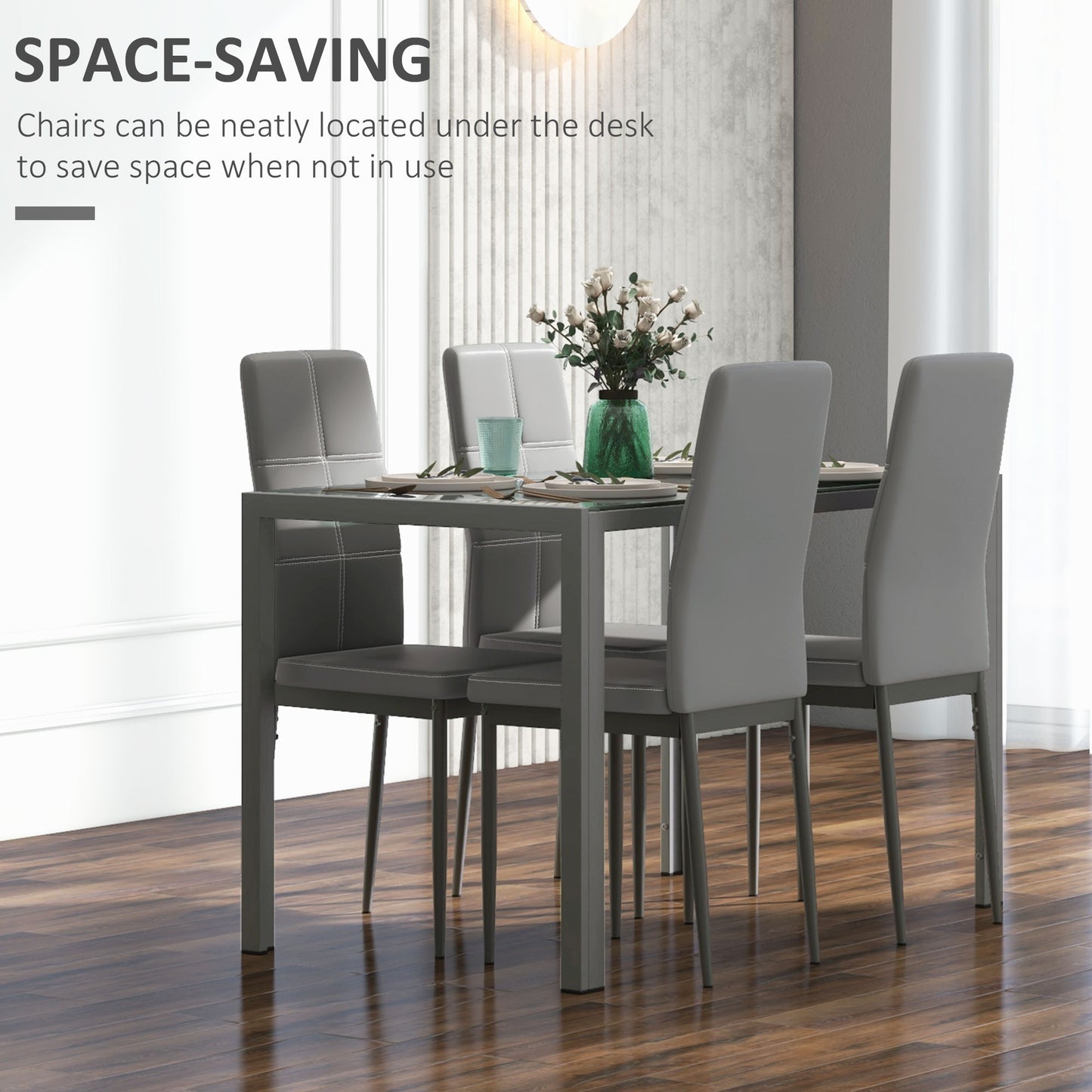 Ensemble tables et chaises de cuisine rectangulaires en verre avec structure en métal et revêtement en similicuir pour salle à manger, gris