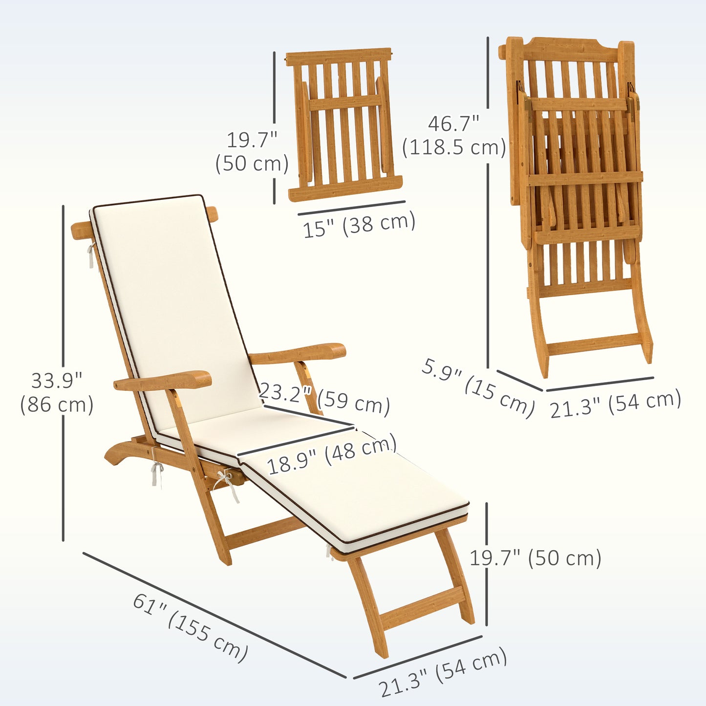 Outsunny Folding Sun Lounger with Padded Cushion, Acacia Wood Reclining Lounge Chair with Footrest for Garden, White