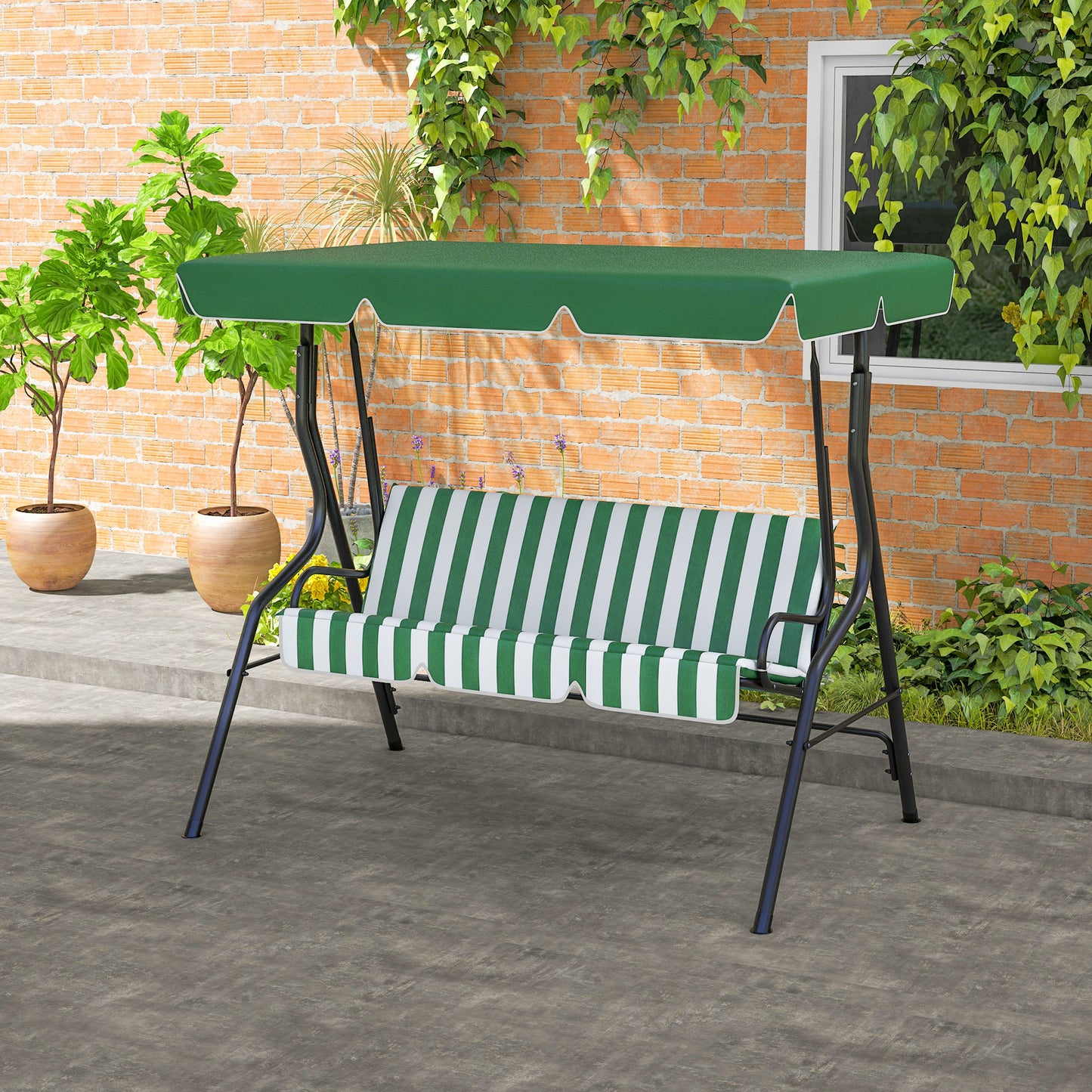 Outsunny 3 Seater Patio Swing, Outdoor Swing Chair with Adjustable Canopy, Removable Cushion and Weatherproof Steel Frame, for Garden, Poolside, Green and White