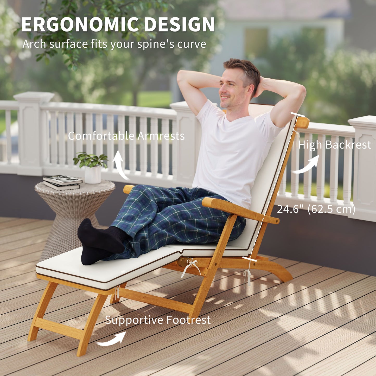 Outsunny Folding Sun Lounger with Padded Cushion, Acacia Wood Reclining Lounge Chair with Footrest for Garden, White