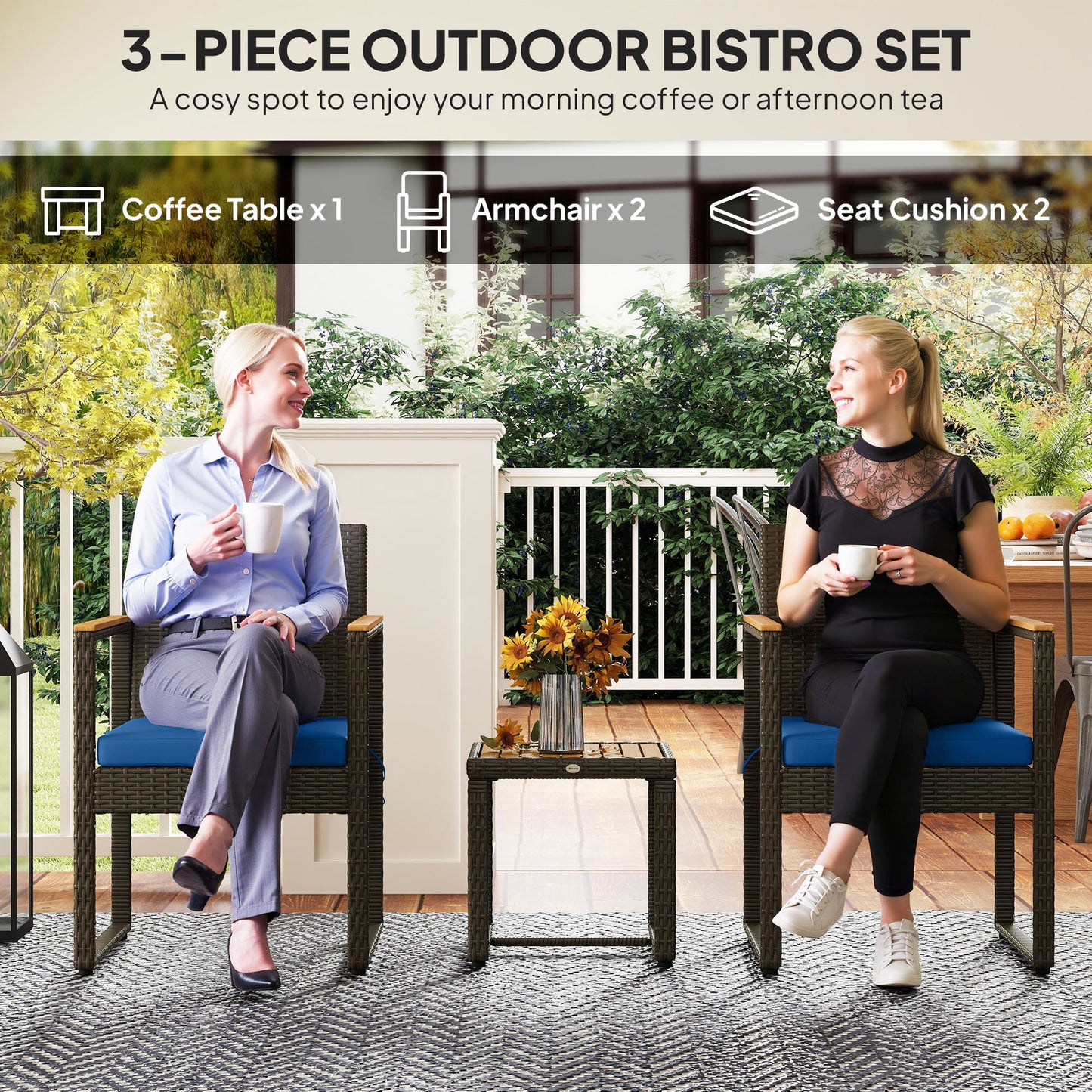 Outsunny 3 Piece Wicker Garden Furniture Set, Rattan Bistro Set with Acacia Wood Table and Removable Cushions, Dark Blue