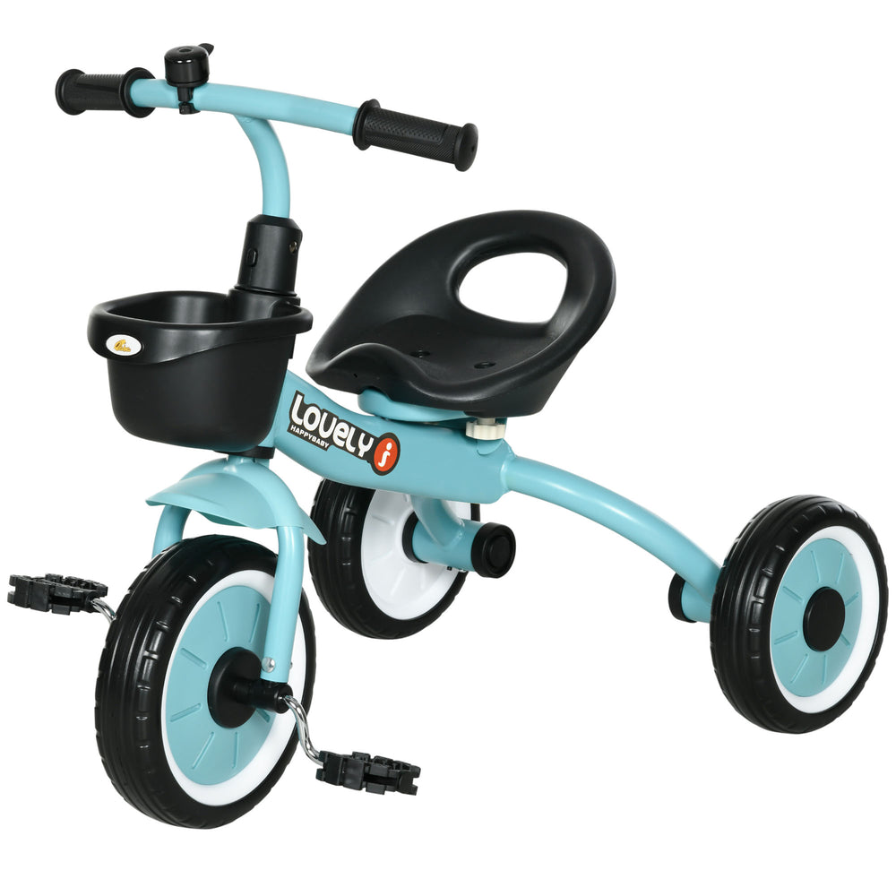 Tricycle avec siège réglable, panier, sonnette, bleu