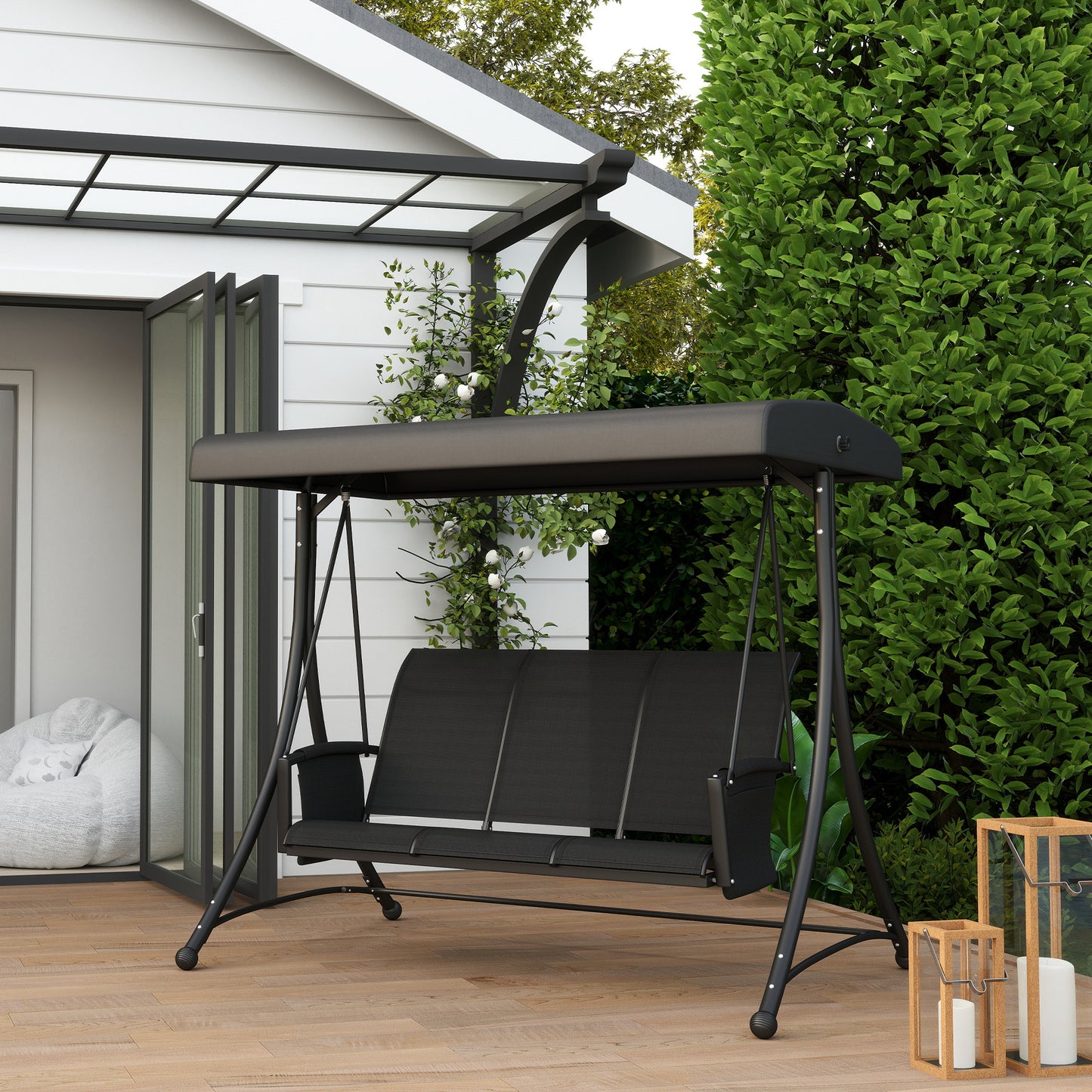 Outsunny 3 Person Outdoor Swing with Adjustable Canopy, Black