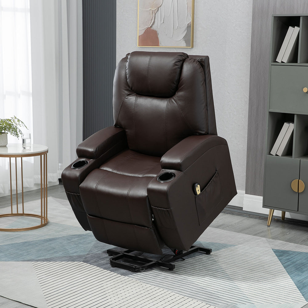 Fauteuil releveur électrique en cuir PU avec repose-pieds et porte-gobelets, marron