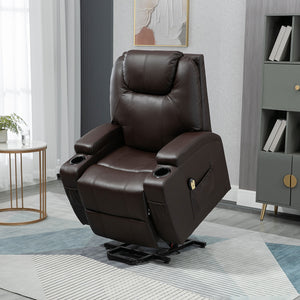 Fauteuil releveur électrique en cuir PU avec repose-pieds et porte-gobelets, marron
