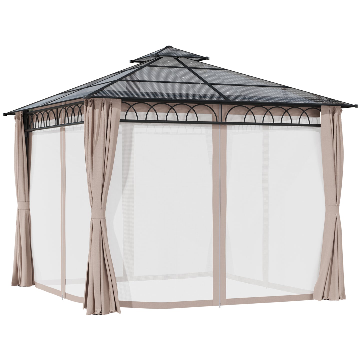 Outsunny 9' x 10' Outdoor Gazebo with Double PC Hardtop, Steel Frame, Netting & Curtains for Garden Patio, Khaki