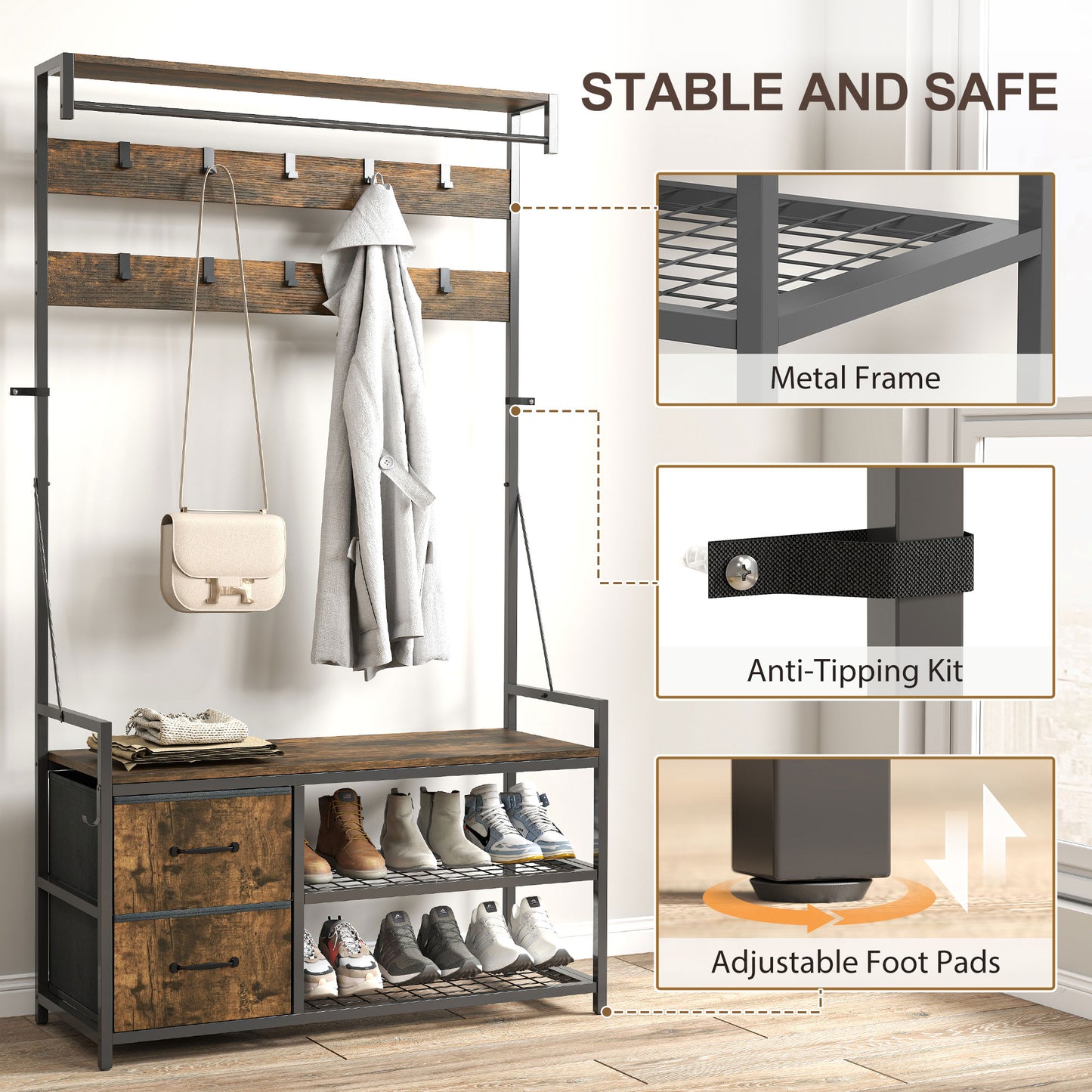 Meuble d'entrée 6 en 1 avec banc et rangement à chaussures, marron rustique