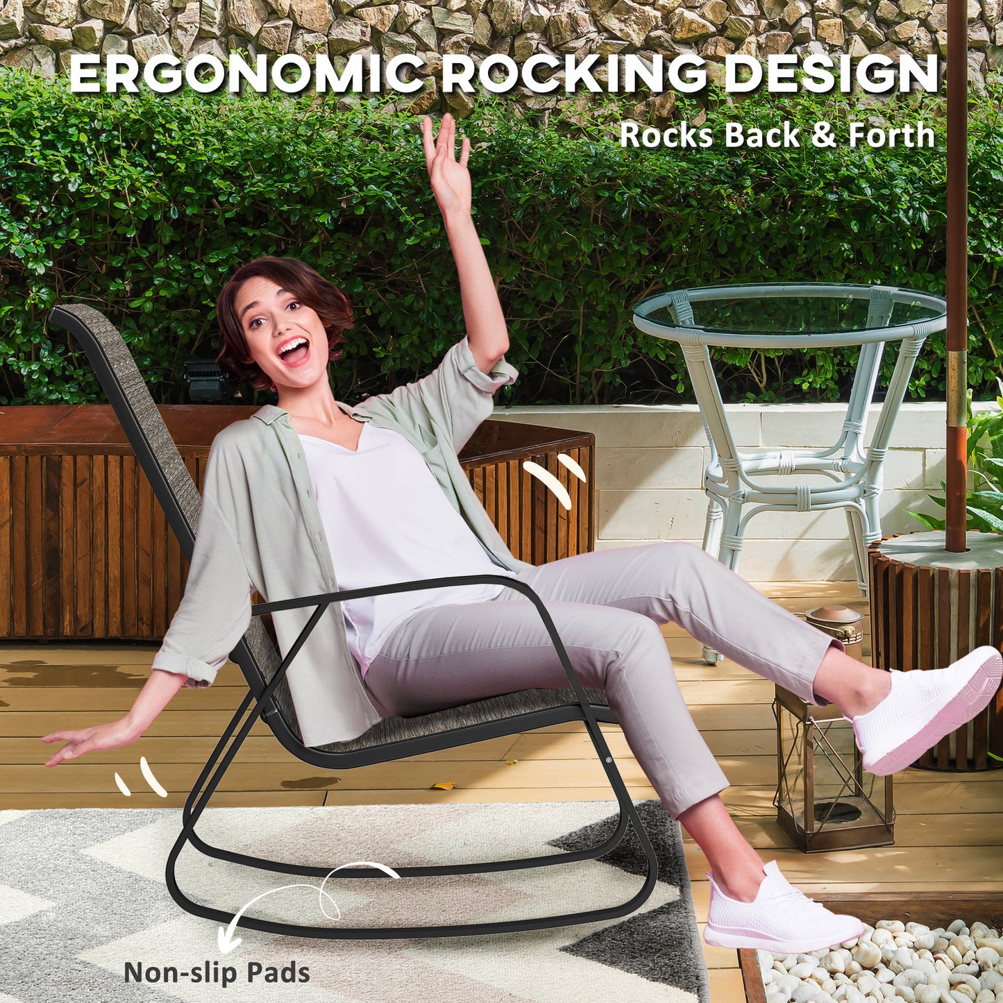 Lot de 2 fauteuils à bascule pour patio avec dossier haut et accoudoirs, marron clair