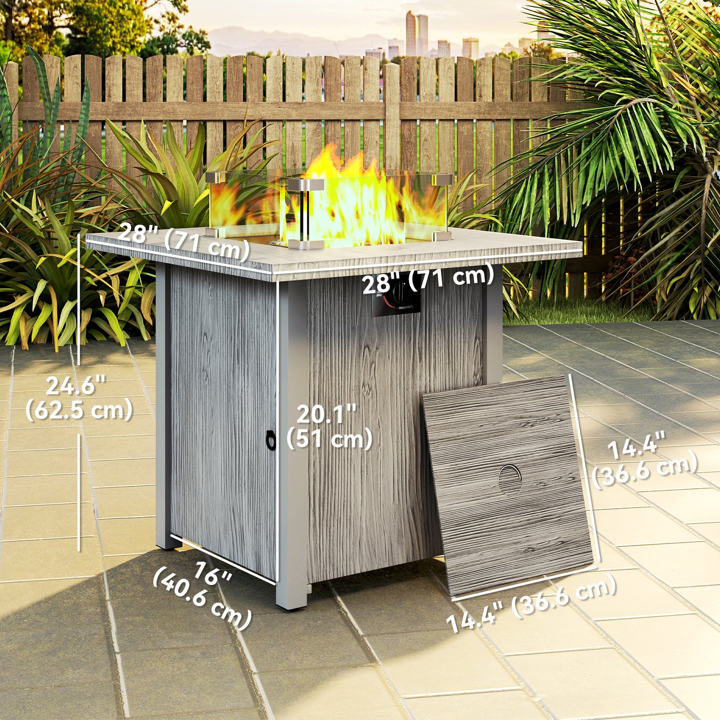 Table foyer à gaz 28 po 50 000 BTU avec couvercle et écran en verre, gris