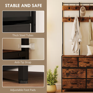 4-in-1 Coat Rack with 7-Drawer Fabric Chest and 14 Hooks, Rustic Brown