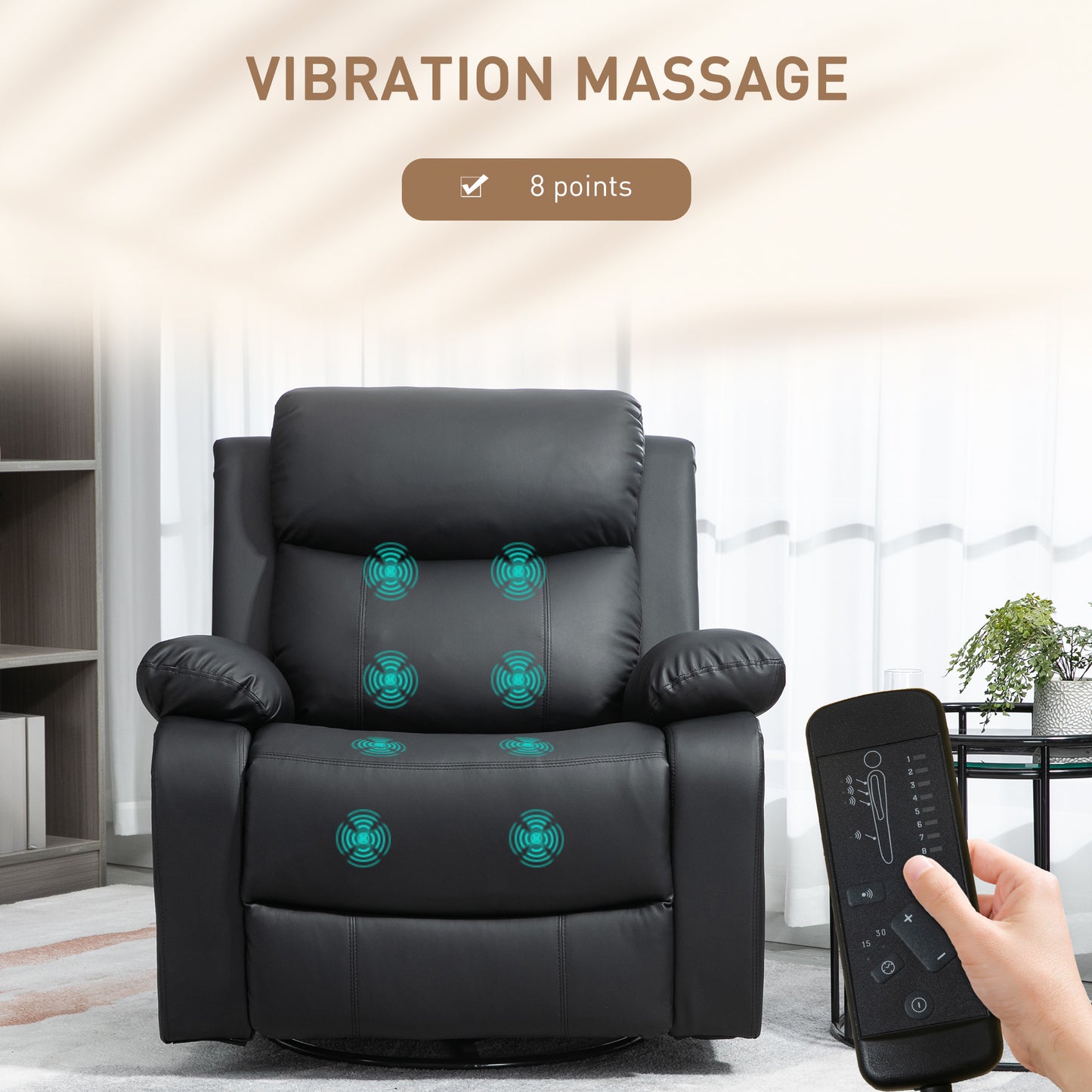 Fauteuil inclinable en cuir synthétique avec massage par vibration, base pivotante, fonction bascule, télécommande, noir